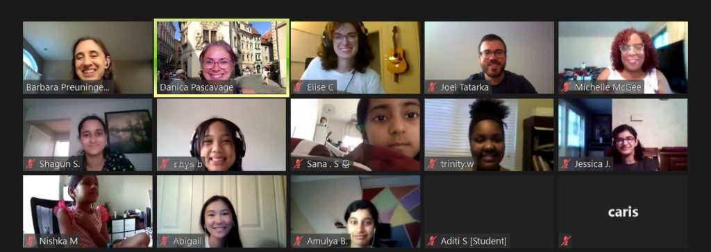 Screenshot of participants and volunteers on a Zoom conference call
